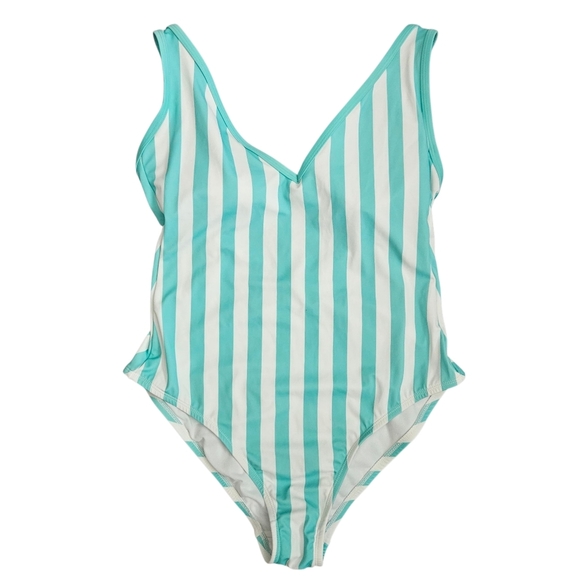 Kona Sol V Neck Over The Shoulder 1 Piece Swimsuit Turquoise Stripe Sz Lg - Picture 2 of 8